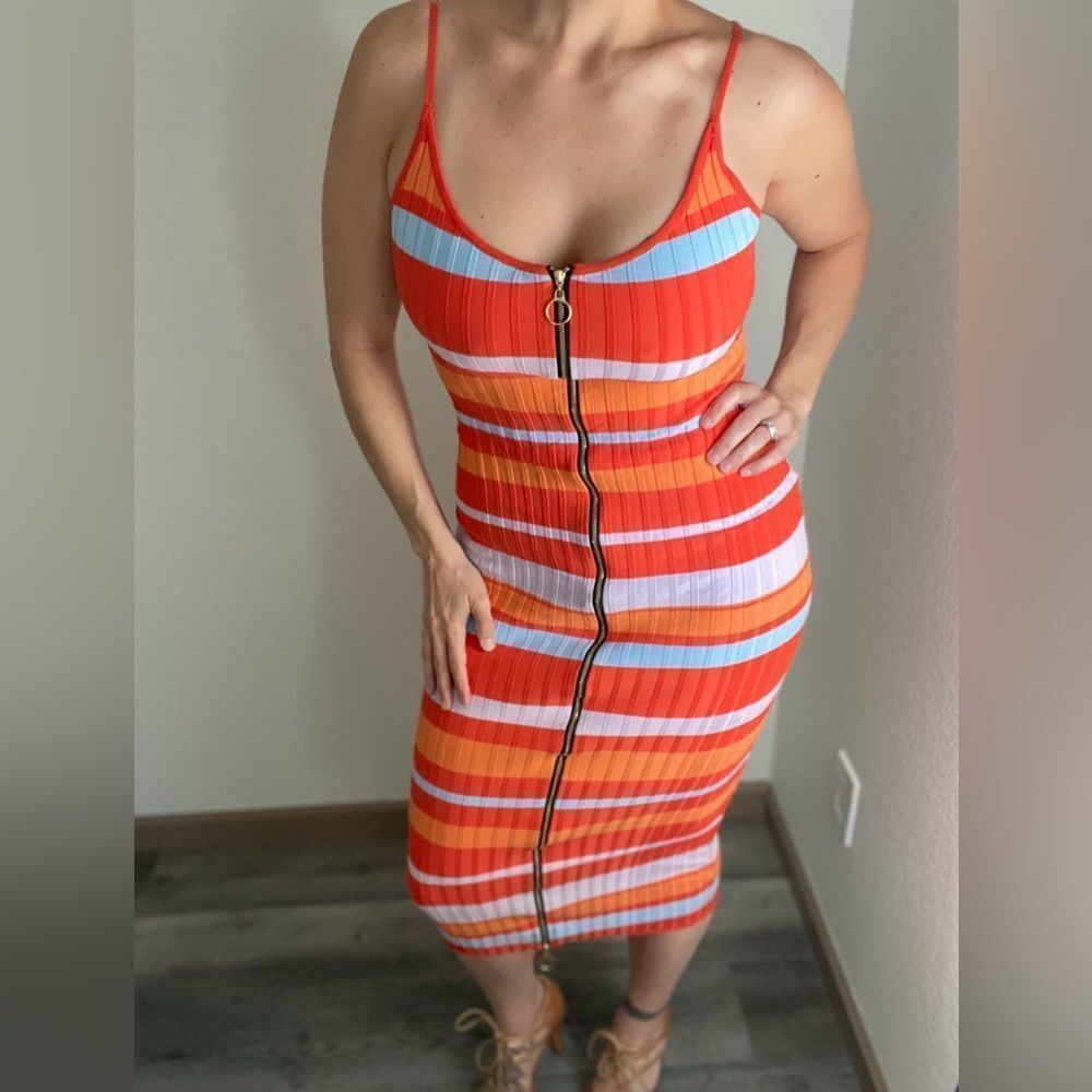 Fashion Nova Midi Dress Ribbed Stripe Dual Zipper Going Out - Picture 2 of 10